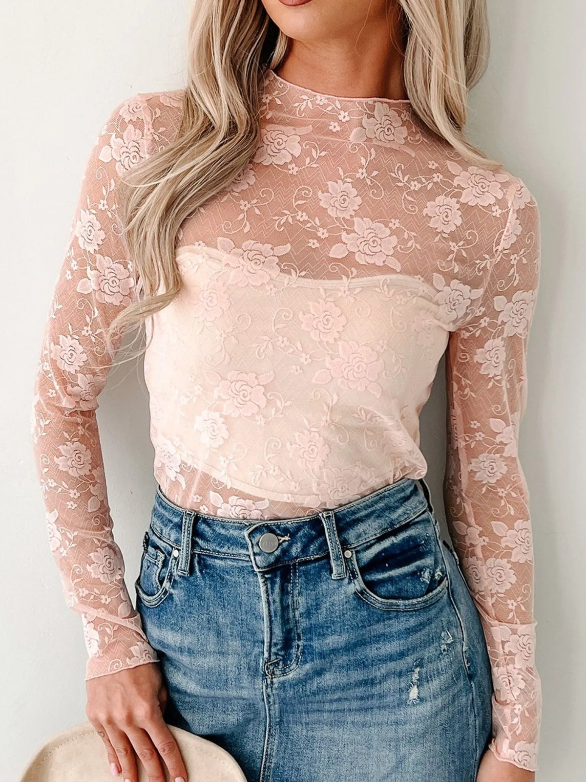 Sheer Lace Mock Neck Long Sleeve Blouse