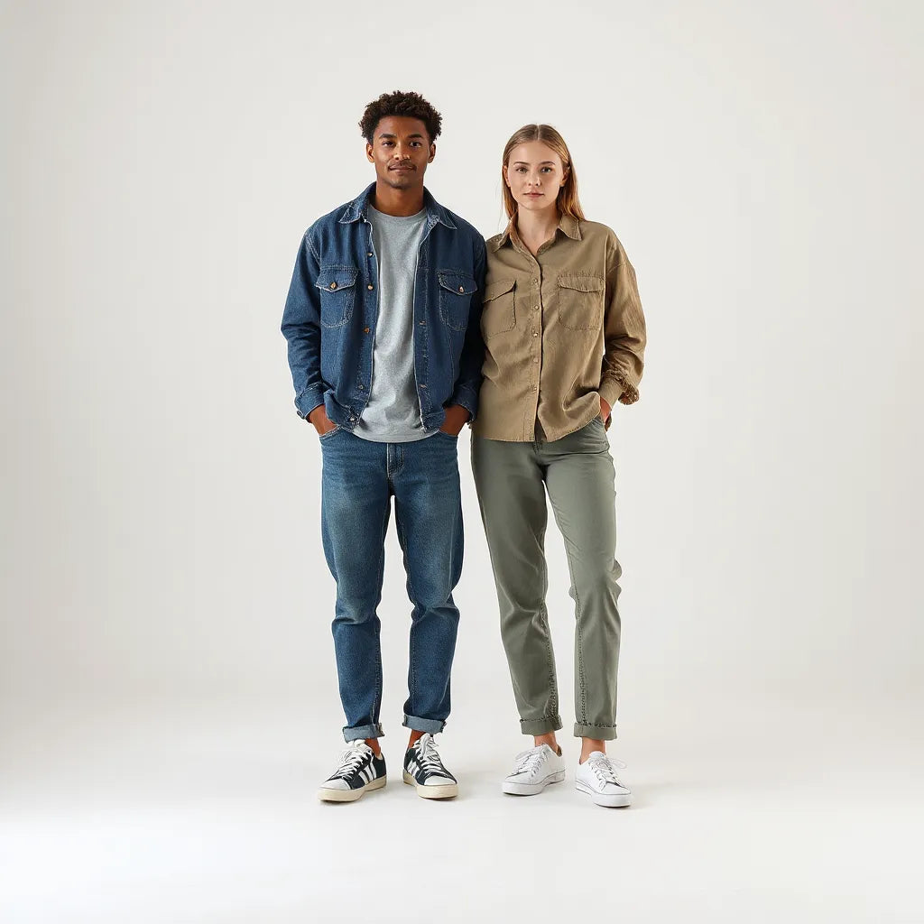 Two people styled in relaxed unisex outfits with layered tops and sneakers against a neutral backdrop