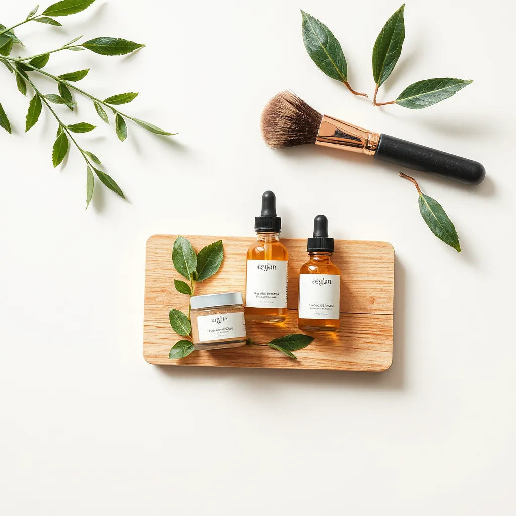 Minimal flat-lay of vegan skincare bottles and jars with fresh green leaves on a neutral background