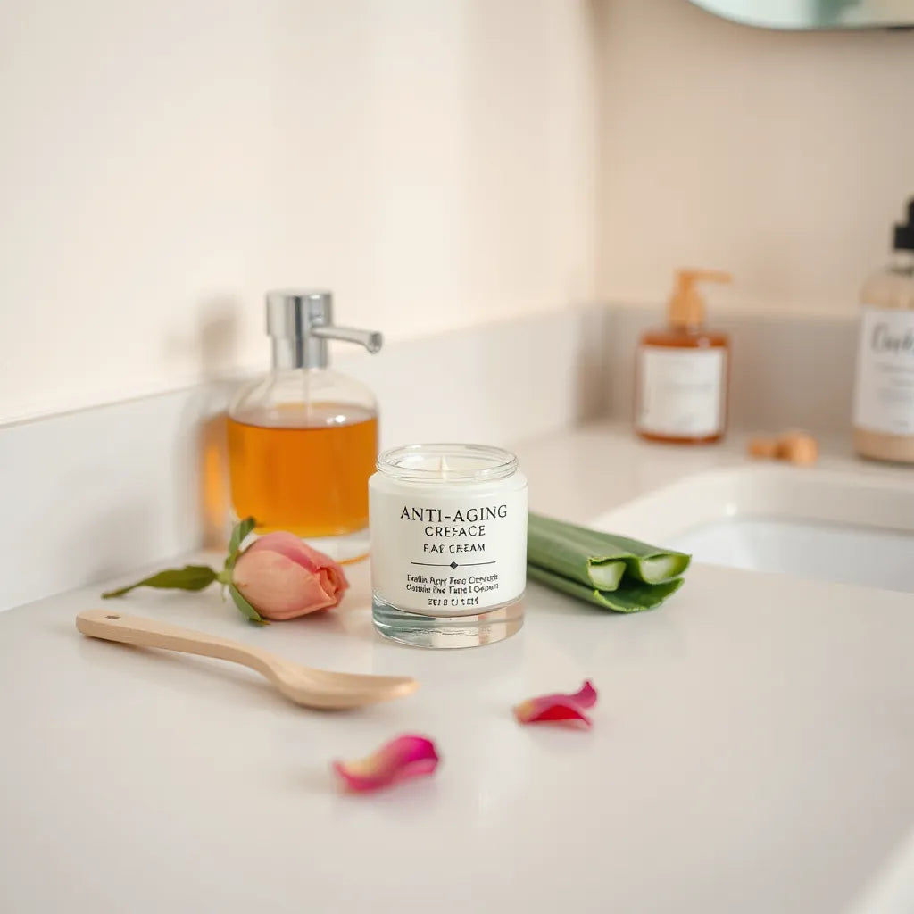Anti-aging face cream jar on a clean vanity with skincare tools and natural ingredients