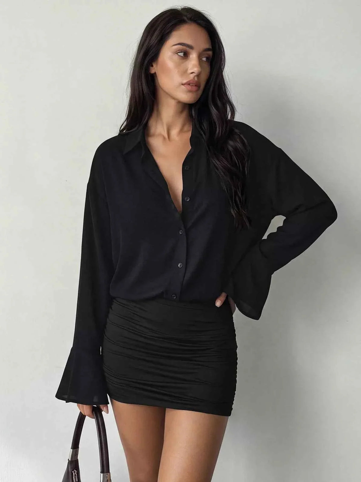 Black Shirt Mini Dress - Ruched Skirt & Flared Cuffs