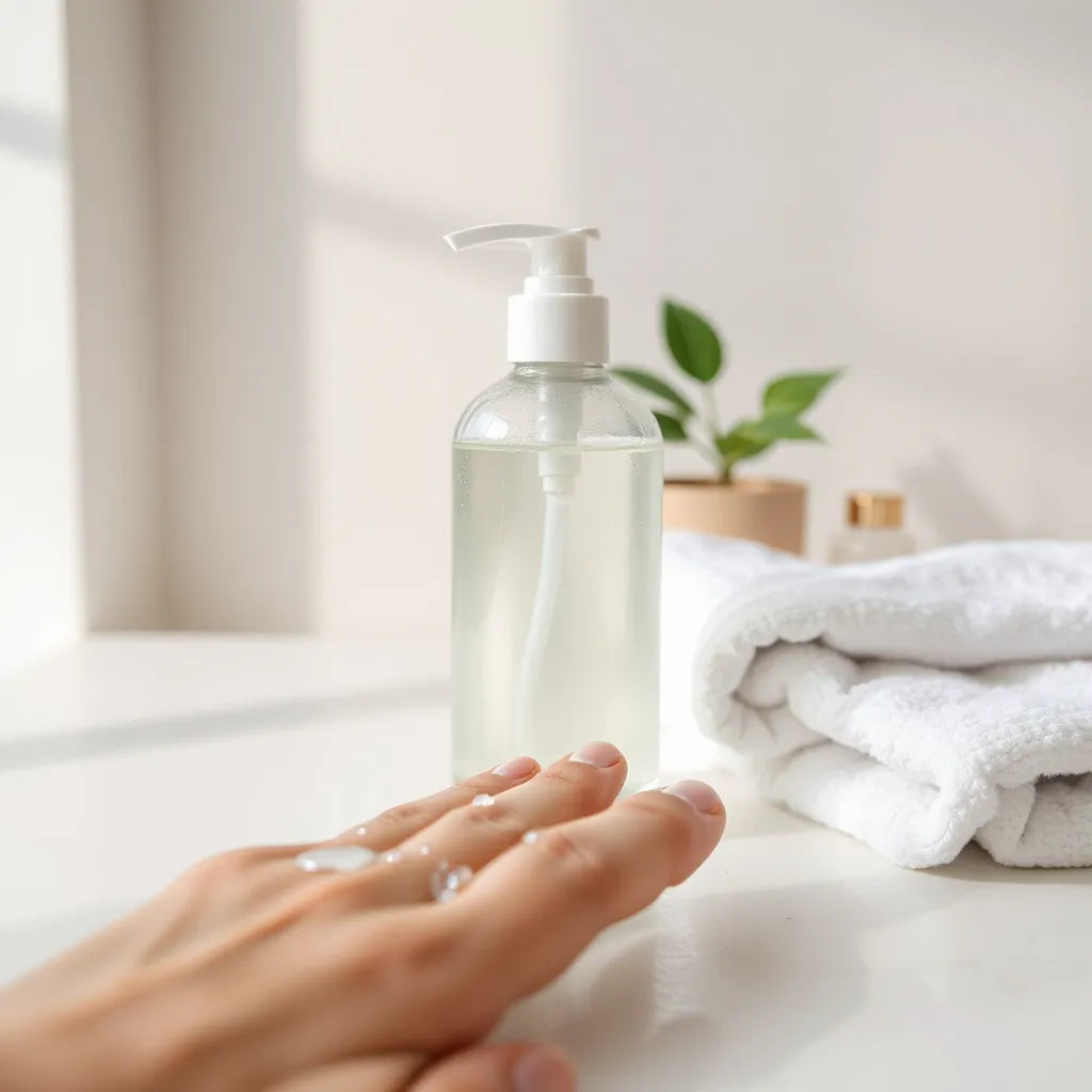 A facial cleanser pump bottle with creamy foam on fingertips on a clean, bright countertop