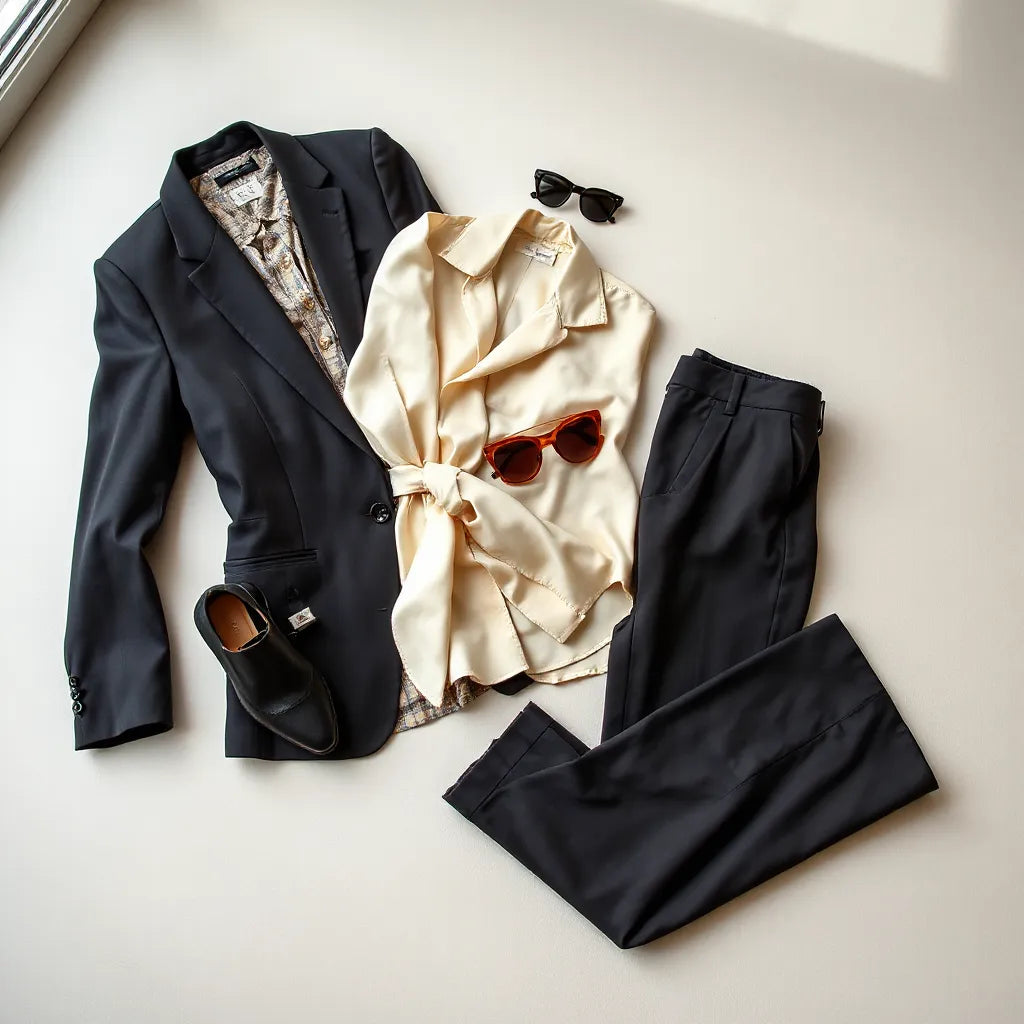 Neatly arranged stylish clothing and accessories on a minimalist surface