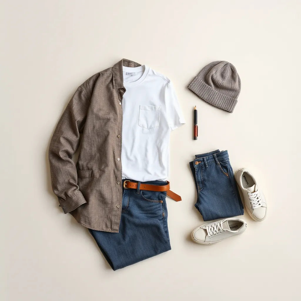 Neutral unisex outfit flat lay with overshirt, t-shirt, jeans, sneakers, and accessories on a light background