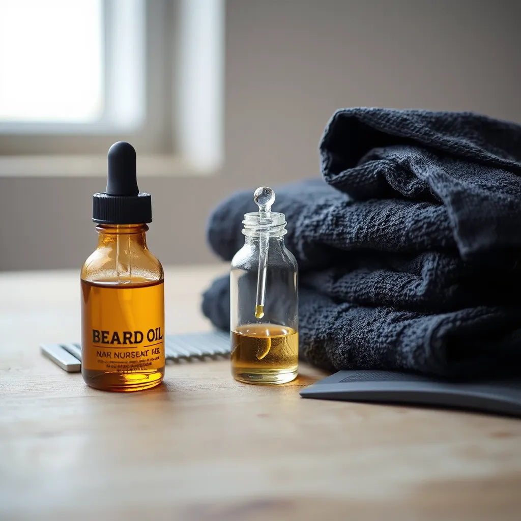 Amber bottle of nourishing beard oil with dropper beside a comb and folded towel