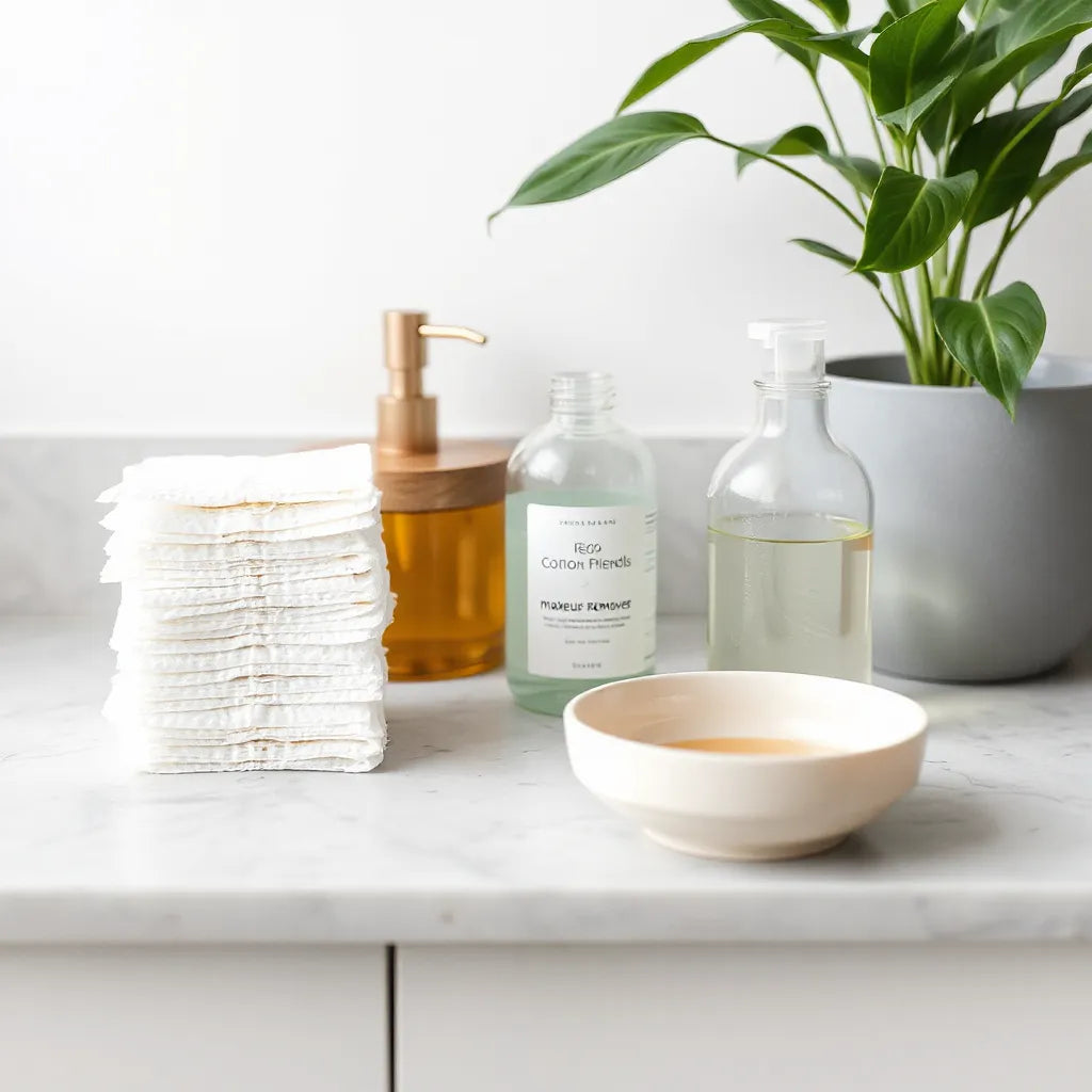 Glass bottle eco-friendly makeup remover beside cotton pads on a clean bathroom counter with soft natural light