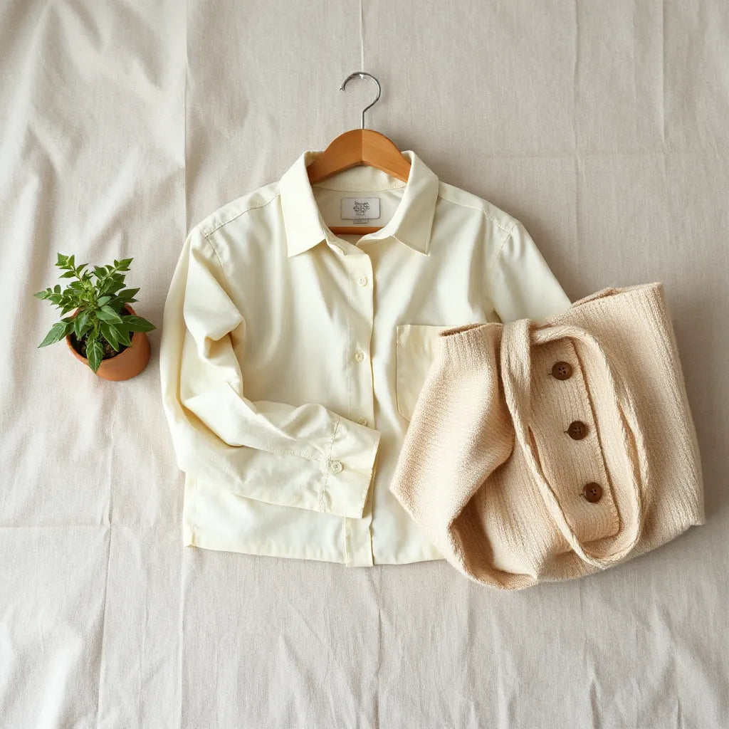 Neatly folded sustainable clothing on natural fabric with a tote bag and small plant