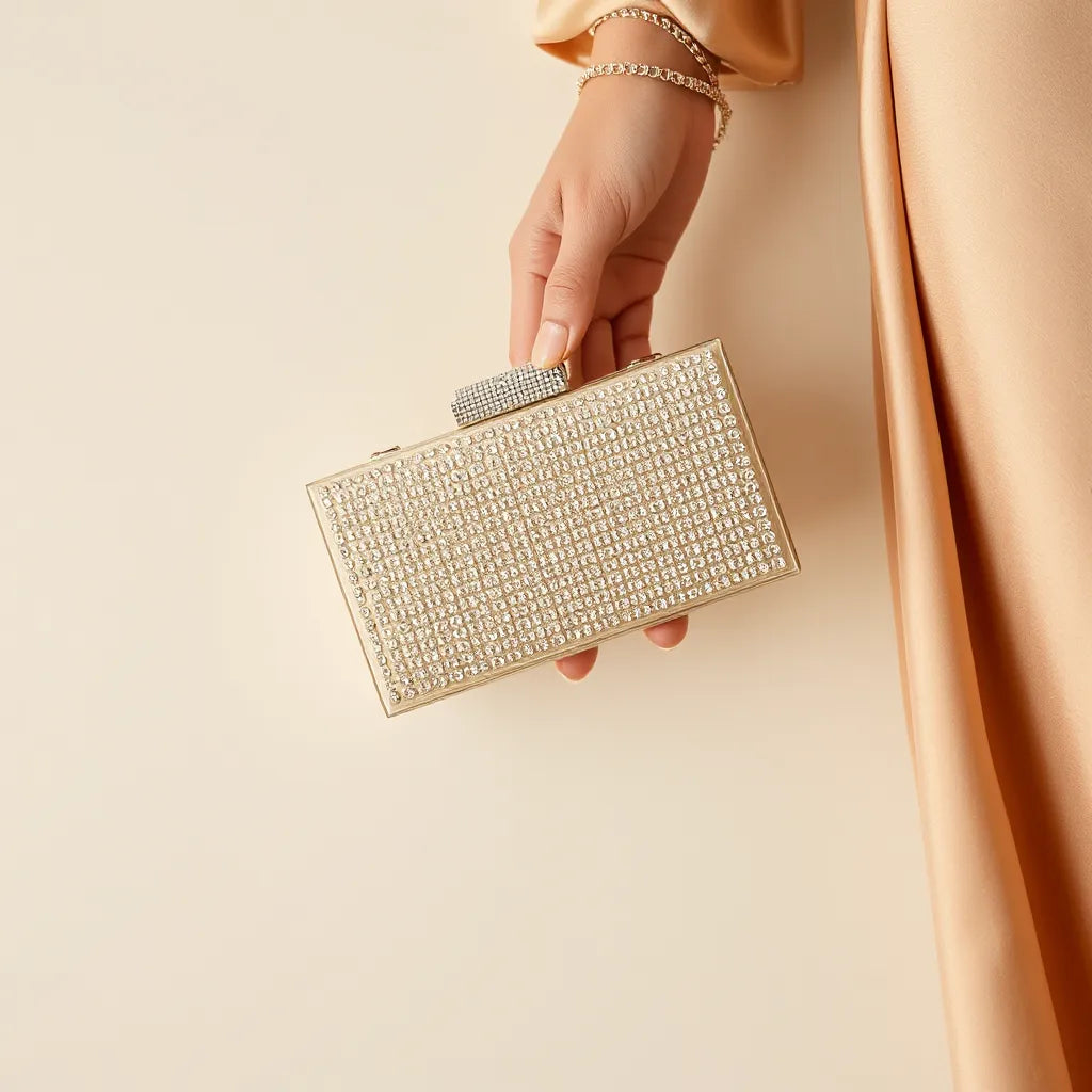 Sparkling rhinestone party clutch with a chain strap styled for a night-out look