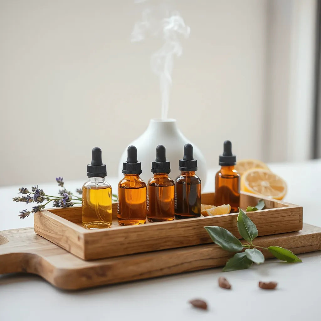 Essential oil bottles on a wooden tray with botanicals and a diffuser in soft natural light