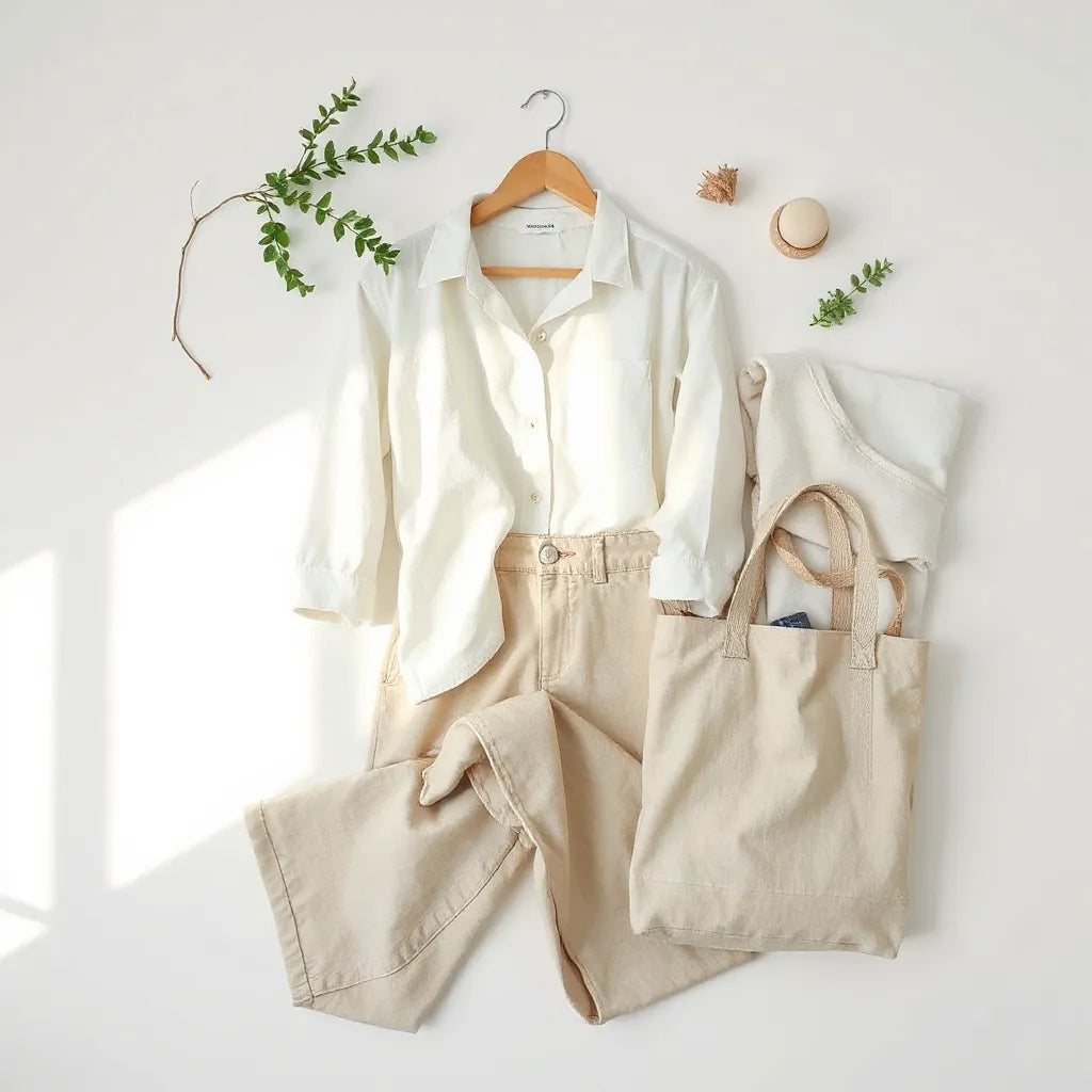 Neutral sustainable outfit laid out with natural fabric textures and a minimalist tote in soft light