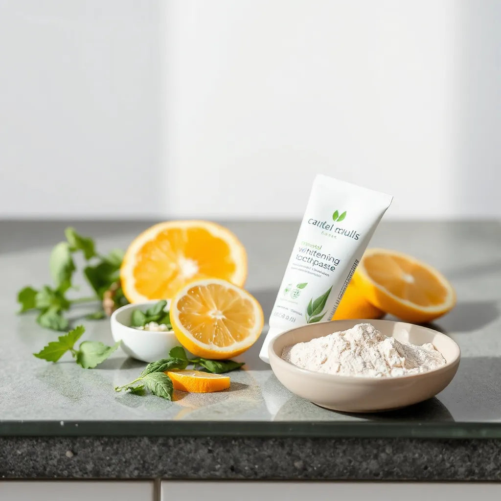 Natural whitening toothpaste tube with herbs and fresh citrus on a clean countertop