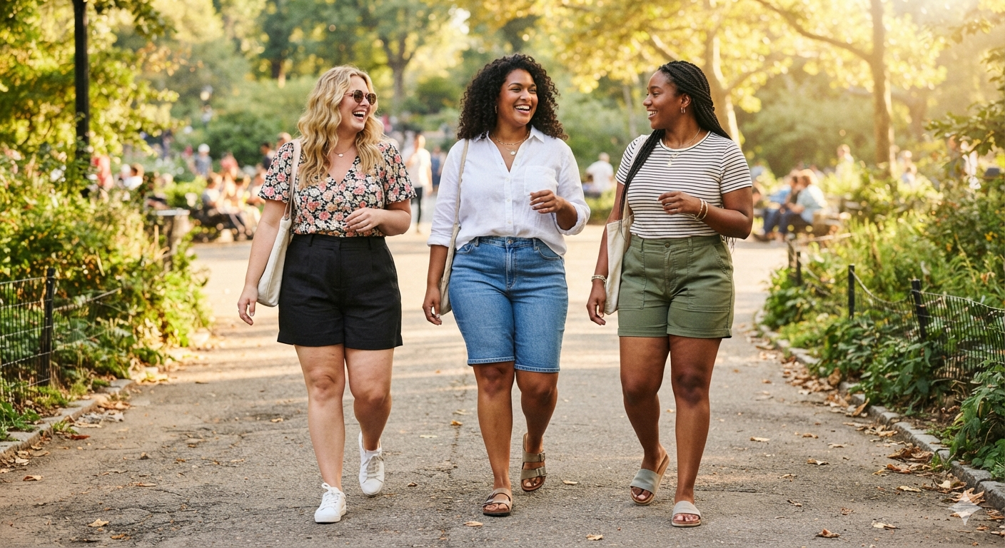 Three smiling plus-size women walking in a sunny park wearing stylish summer shorts, including high-waisted black tailored shorts, knee-length denim shorts, and olive green casual utility shorts from Fashions Envy