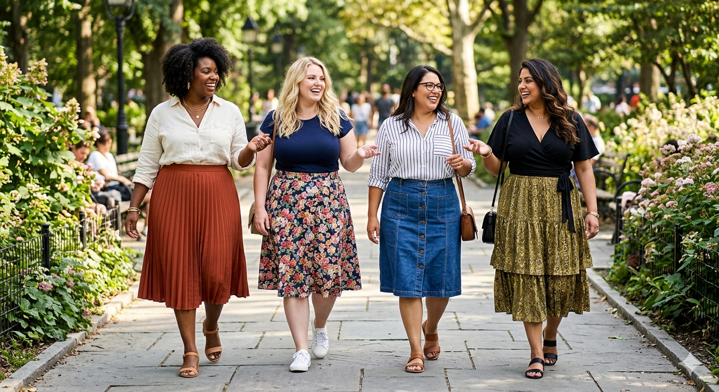 Three smiling plus-size women walking down a sunny street wearing trendy summer skirts, including a flowy floral maxi skirt, a structured denim midi skirt, and a casual black A-line skirt from Fashions Envy