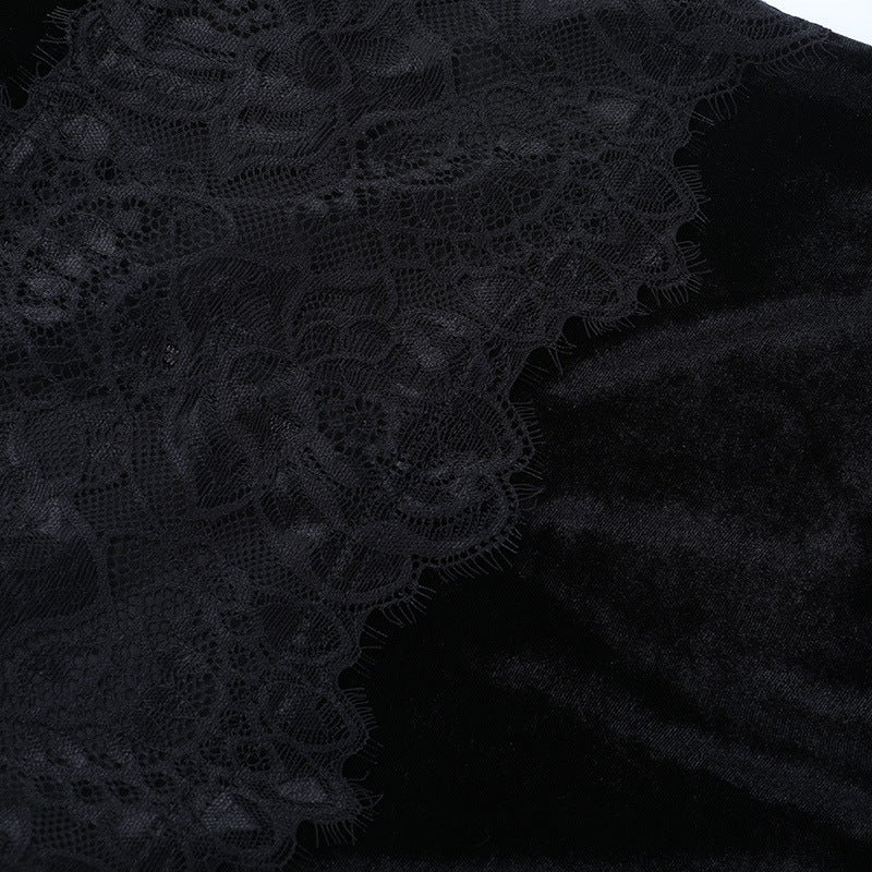 Velvet Evening Gown - Lace Halter with Long Gloves - Fashions Envy
