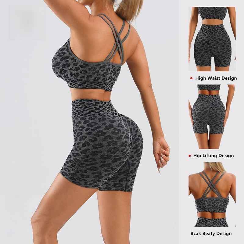 Women's Leopard Print Workout Sets 2 Piece Outfits Crop Tank Tops And Shorts Sports Yoga Gym Tracksuit