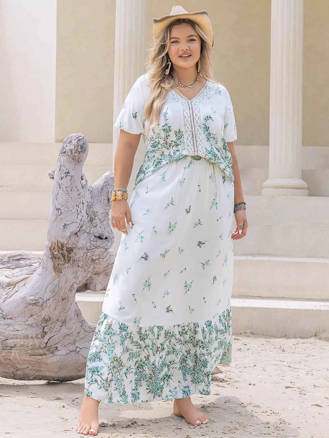 Plus Size Printed Lace Detail Short Sleeve Top and Skirt Set
