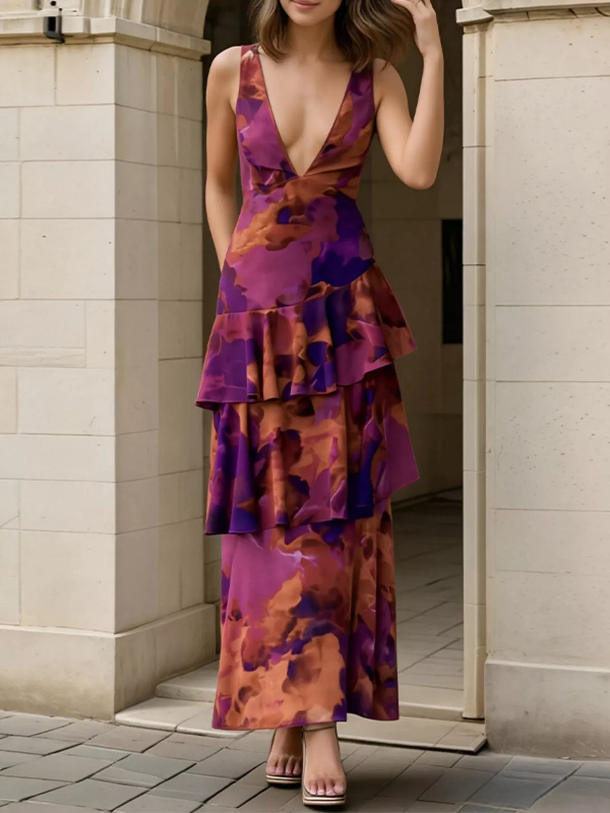Deep Purple Floral Tiered Maxi Dress - Lace Up Open Back