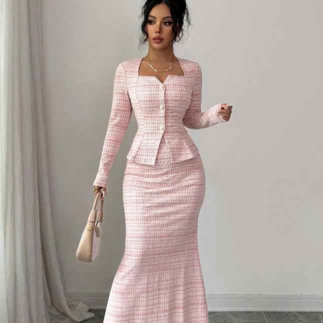Pink Plaid Maxi Skirt Set - Peplum Top and Flared Hem