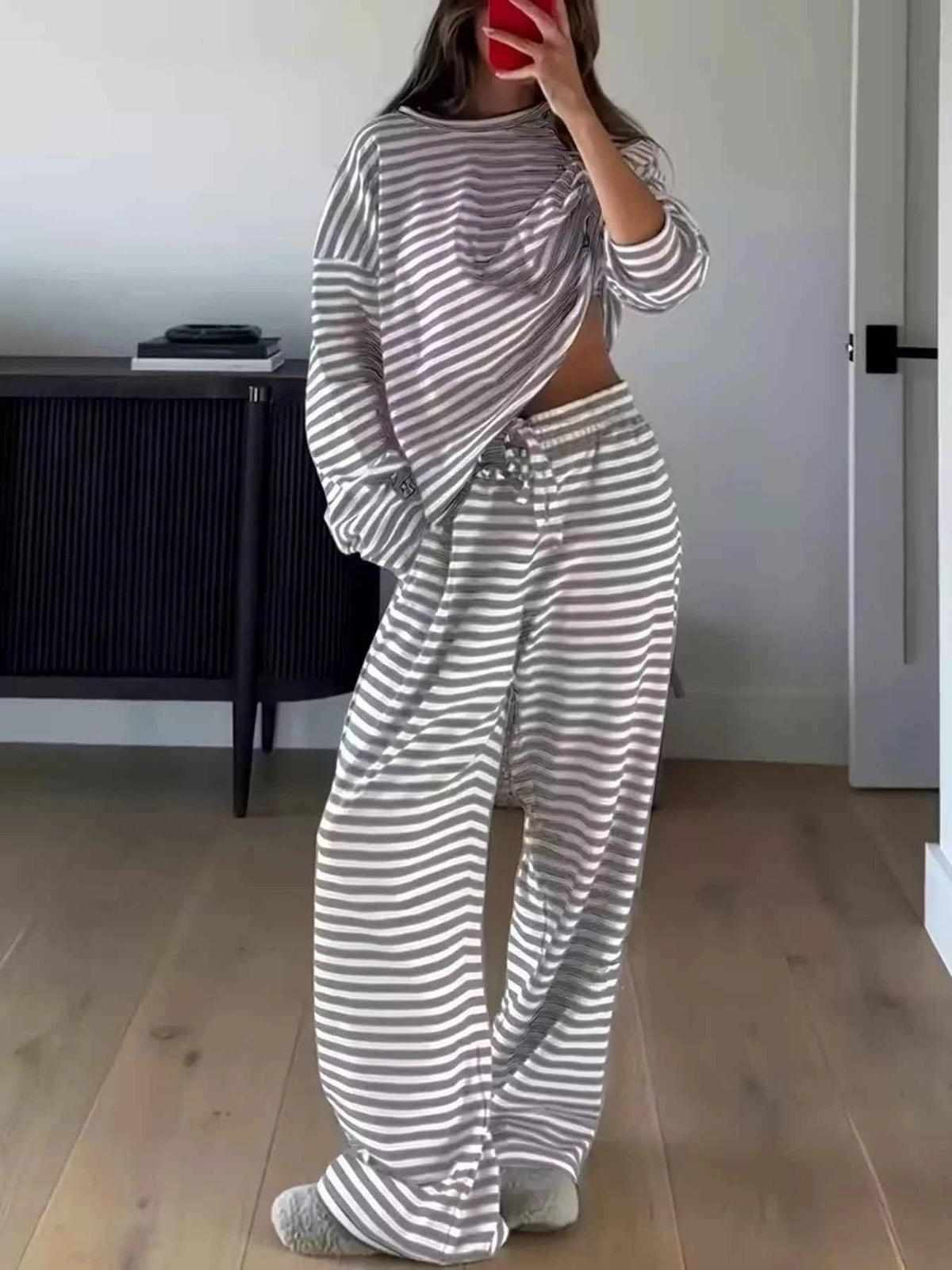Striped Lounge Set - Relaxed Oversized Top Wide Leg Pants