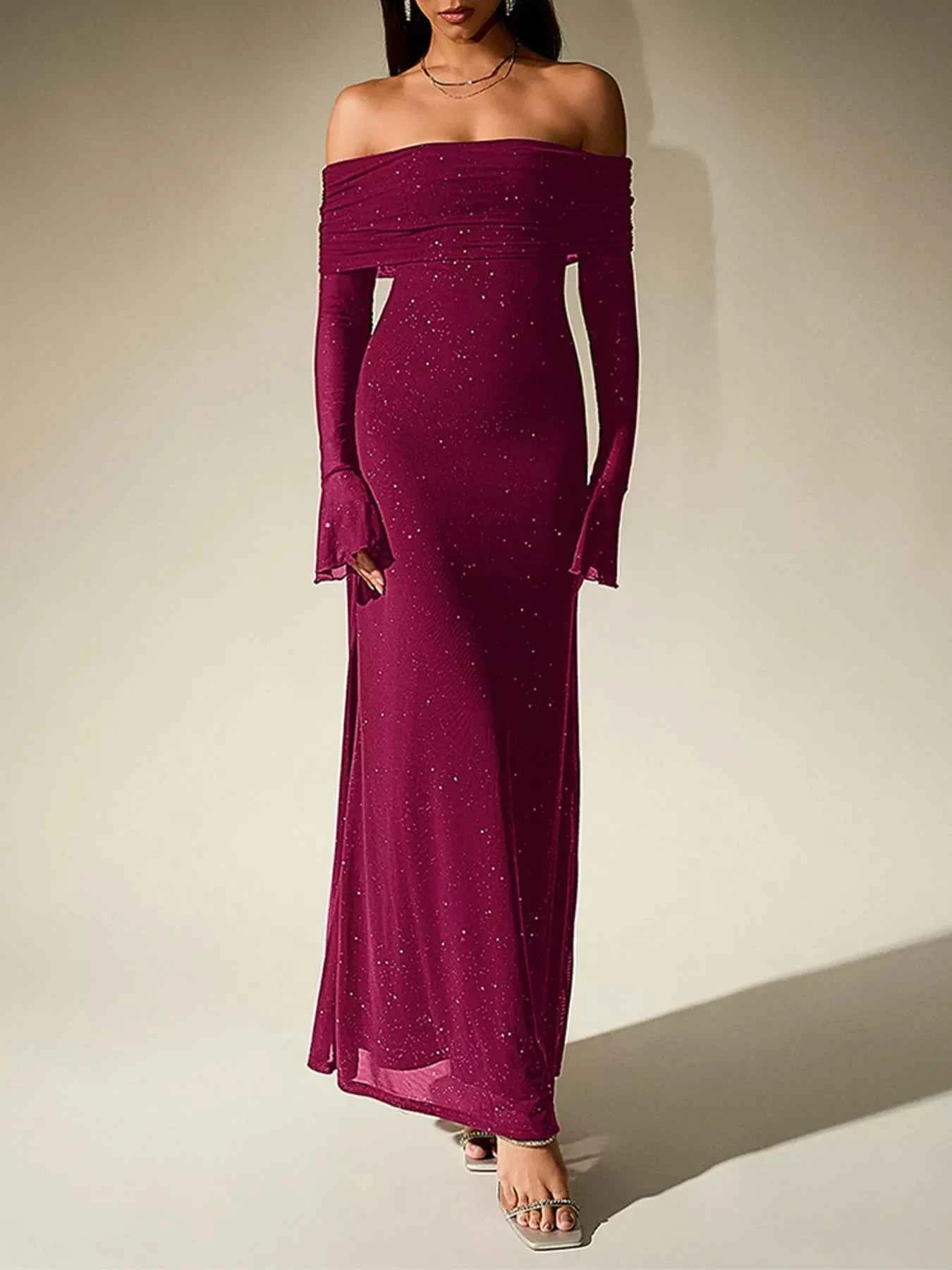 Glitter Off-Shoulder Maxi Dress