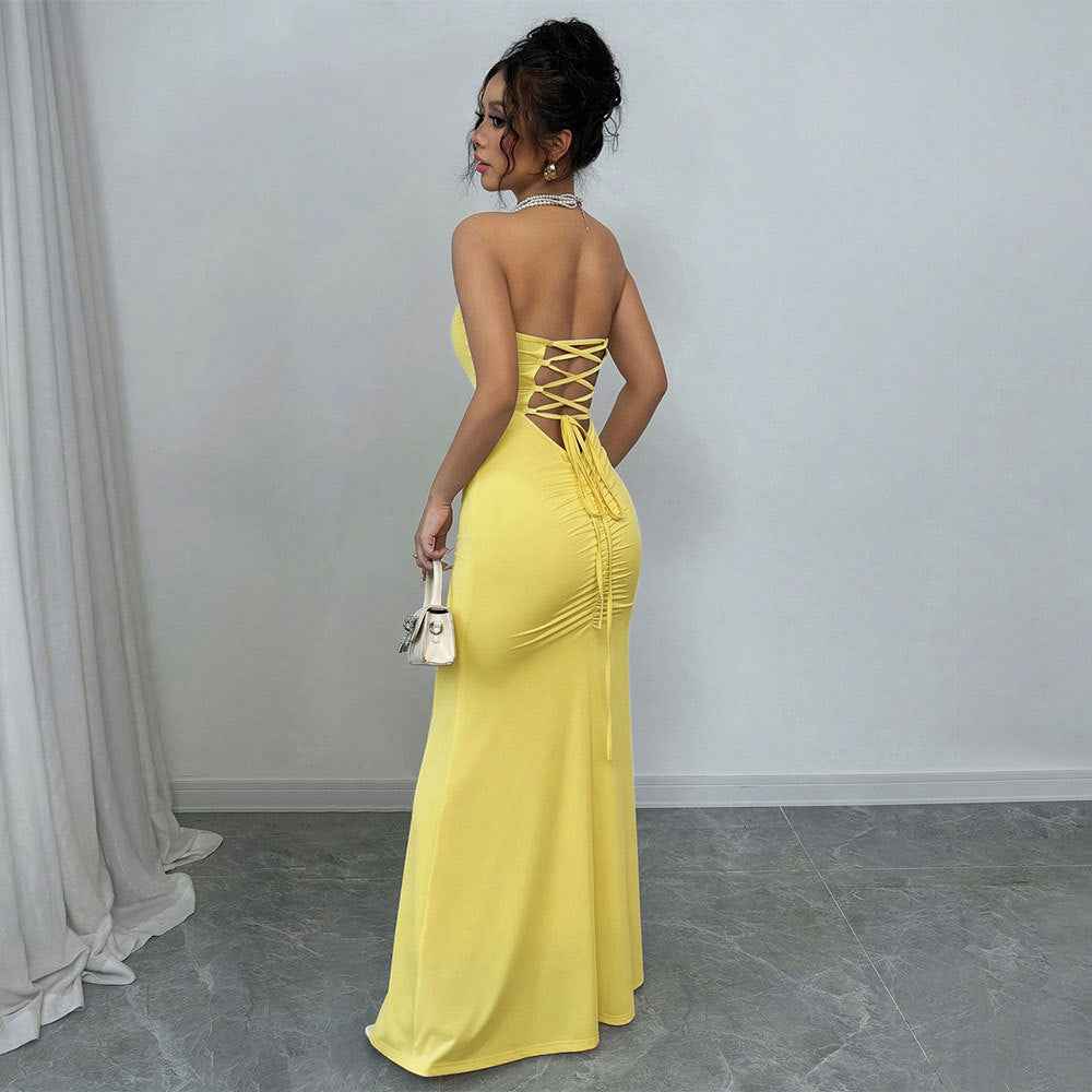 Yellow Strapless Maxi Dress - Lace Up Corset Back