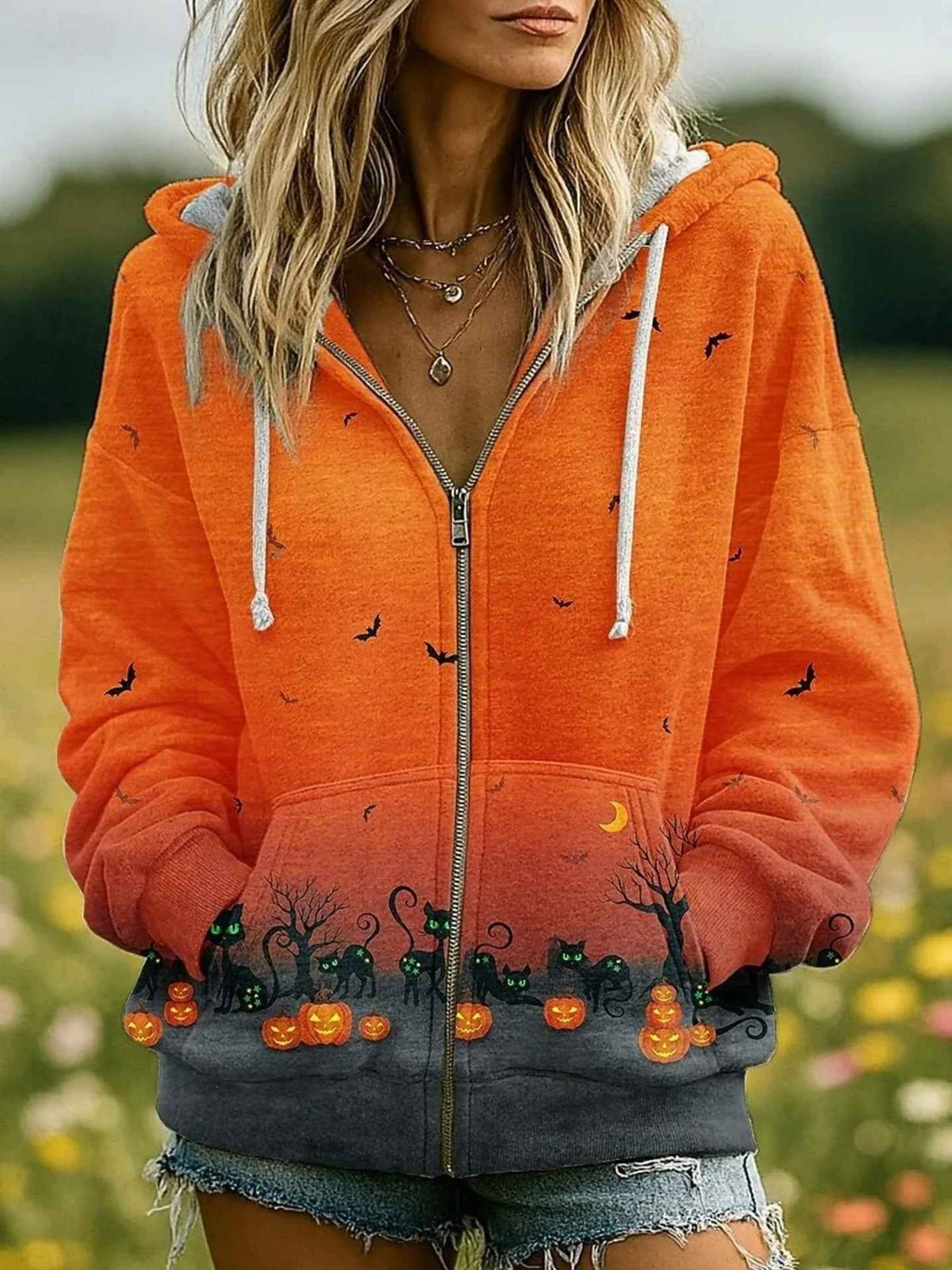 Halloween Graphic Zip-Up Hoodie - Drawstring Hood Pockets
