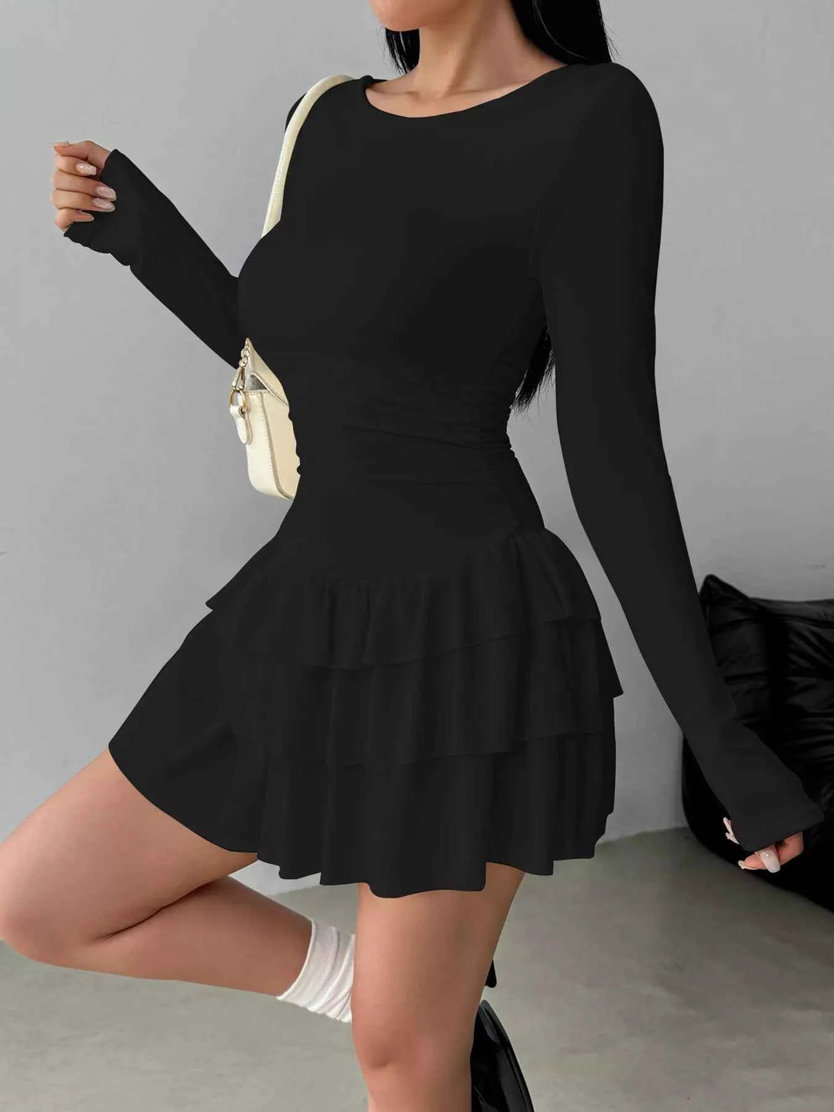 Tiered Ruffle Mini Dress - Ruched Waist & Long Sleeves