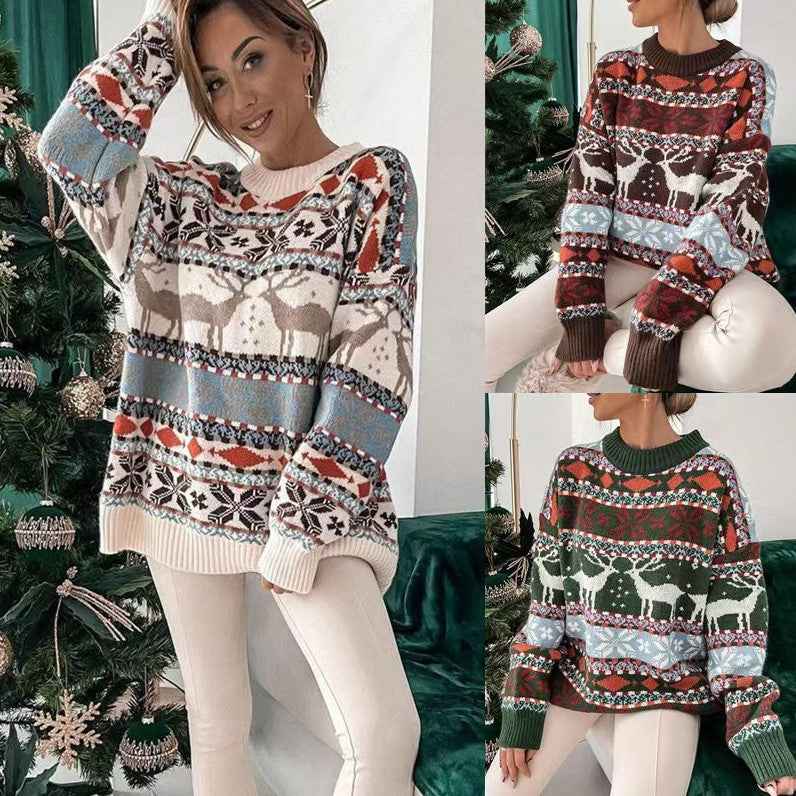 Christmas Reindeer Knit Sweater - Snowflakes and Ribbed Trim