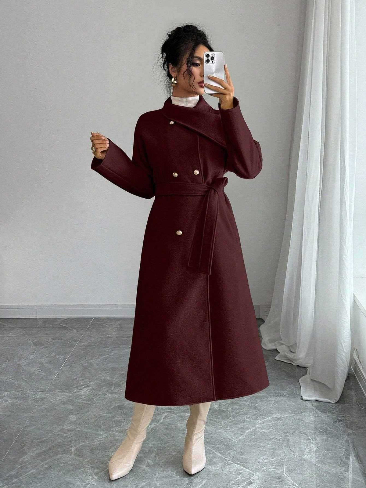 Double-Breasted Long Coat - Waist Tie & Wide Lapels