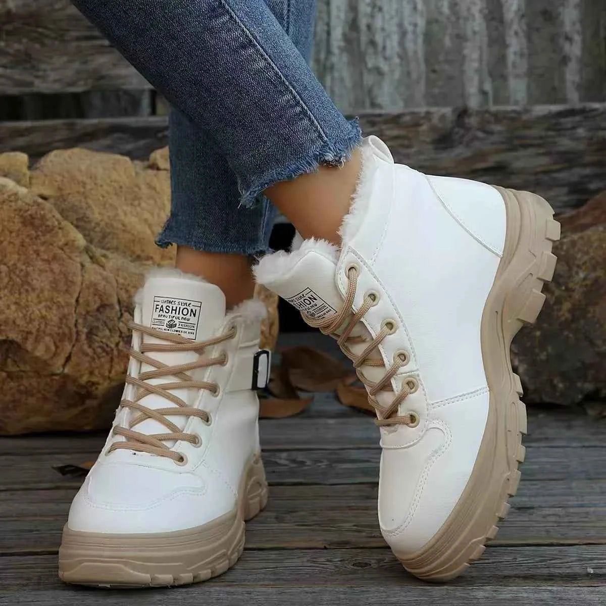 Lace-Up Snow Ankle Boots - Fleece-Lined Buckle Platform