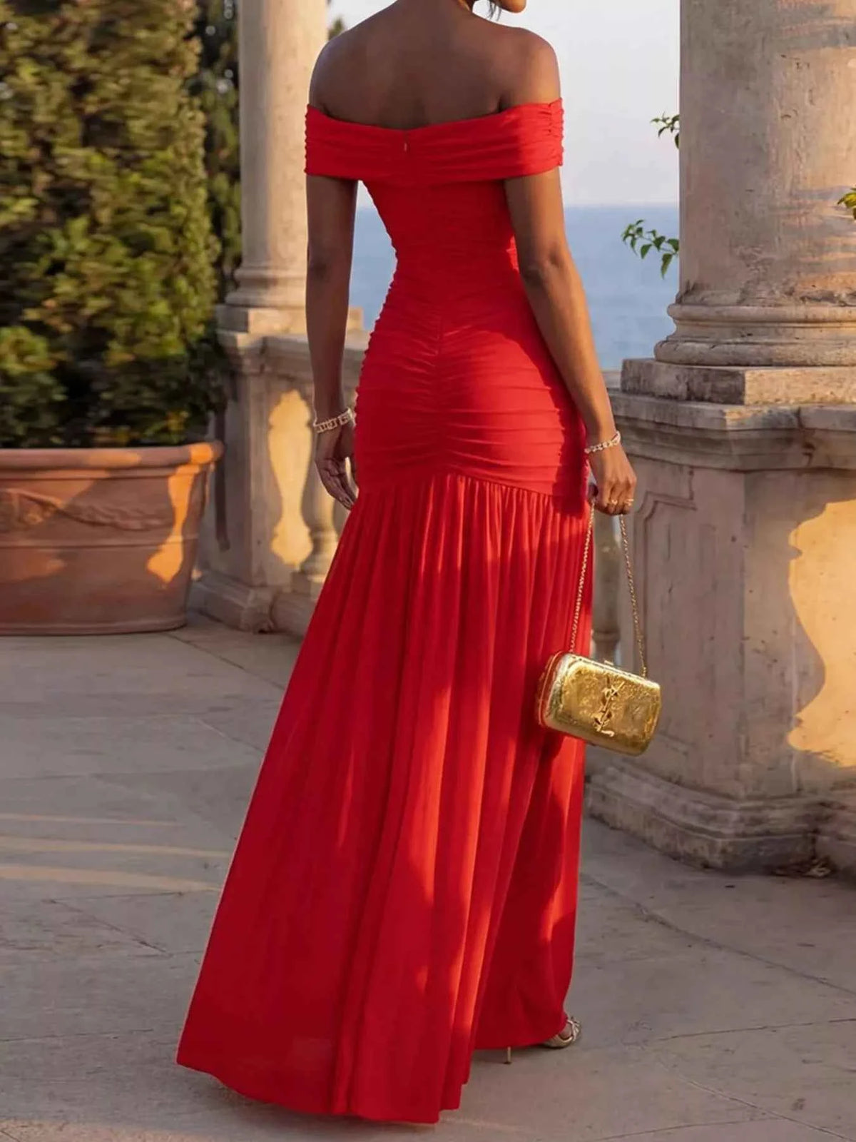 Off-Shoulder Ruched Mermaid Maxi Dress - Front Cutout Detail