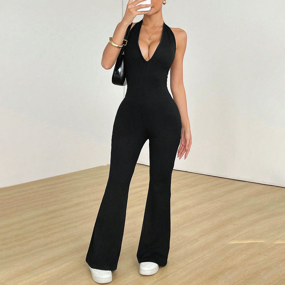 Black Halter Flare Jumpsuit - Deep V Open Back