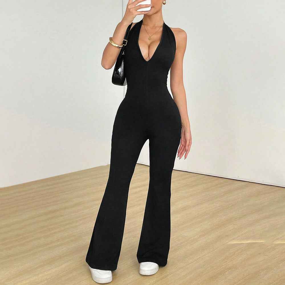 Black Halter Flare Jumpsuit - Deep V Open Back