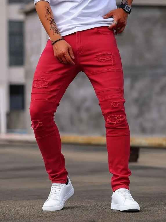 Red Ripped Skinny Jeans Men - Cargo Pocket Stretch Denim
