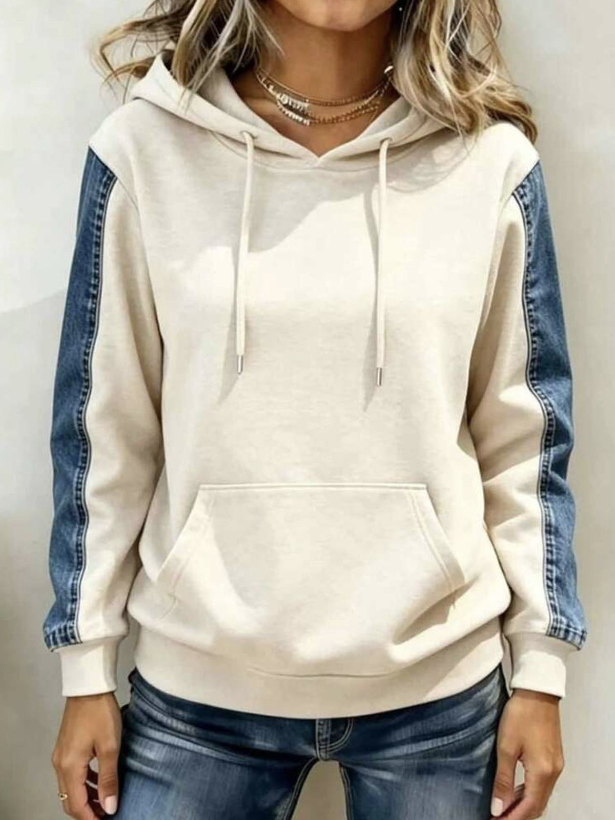 Denim Patchwork Hooded Sweatshirt - Roomy Front Pocket