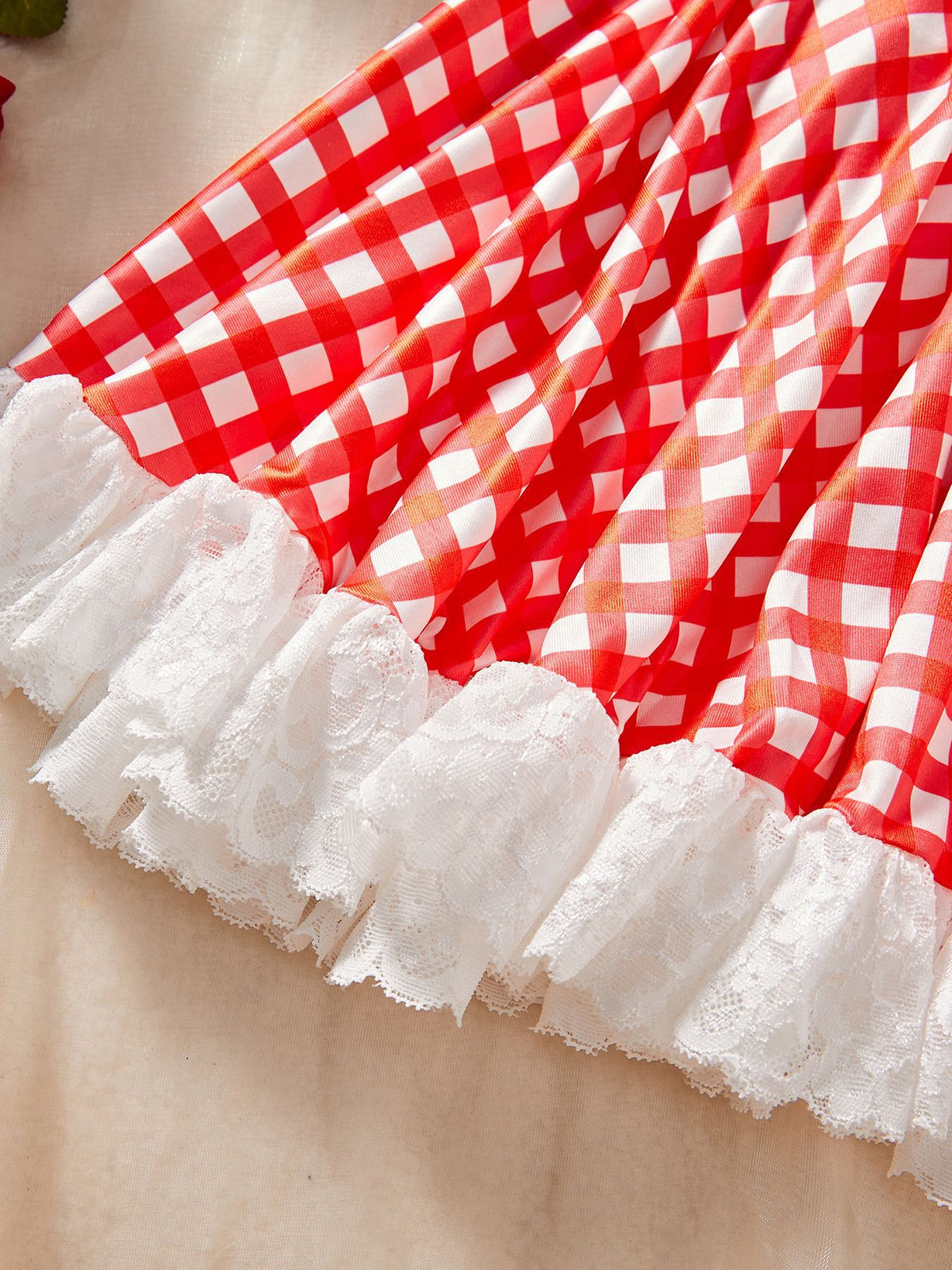 Red Gingham Maid Lingerie - Ruffled Crop Top And Skirt