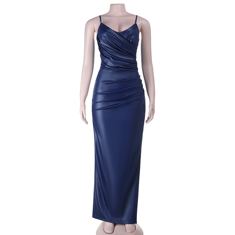 V-Neck Cinched Waist Maxi Dress - Sleeveless Hip Sculpting