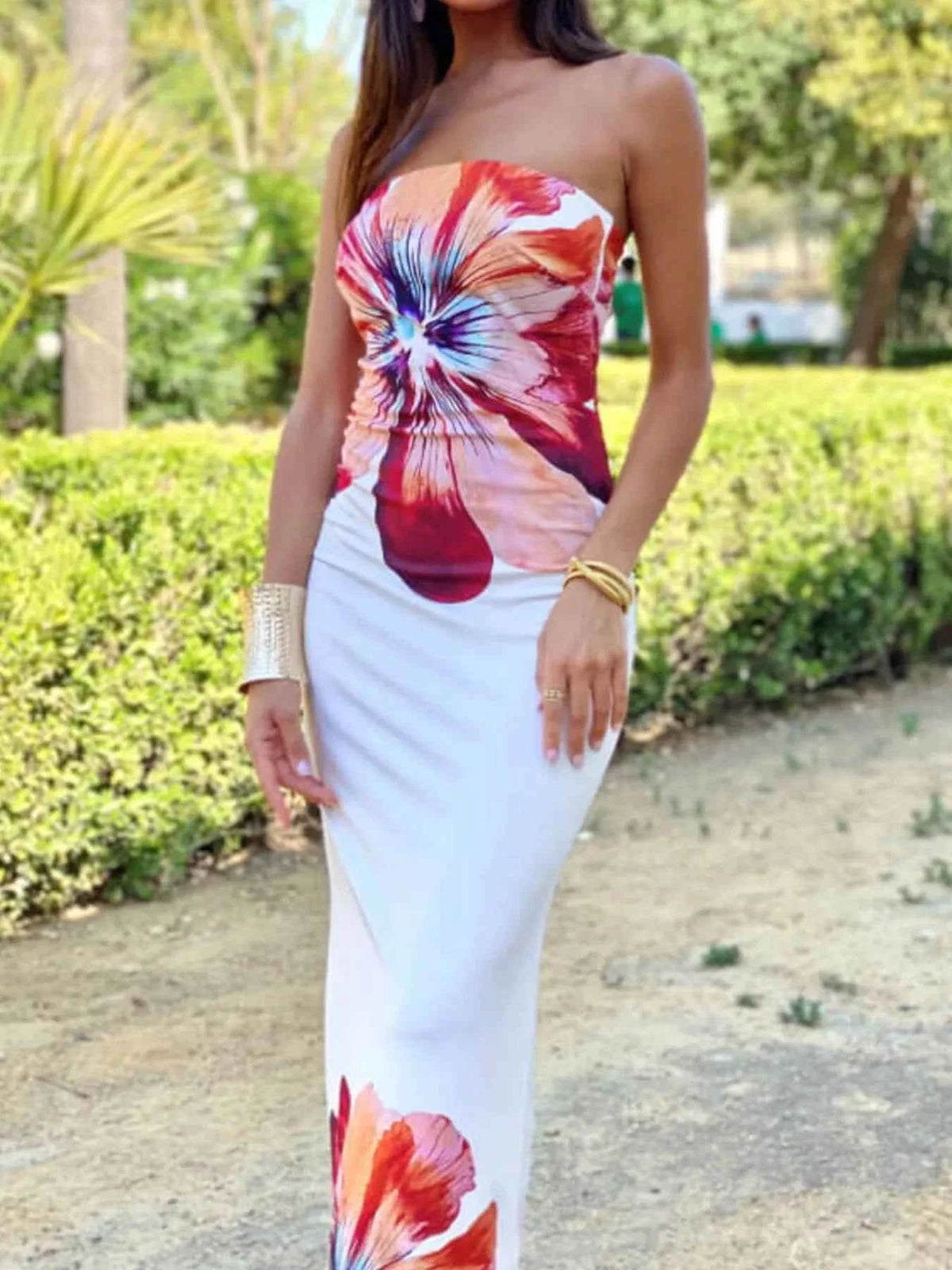 Strapless Floral Maxi Dress - Oversized Bloom Bodycon