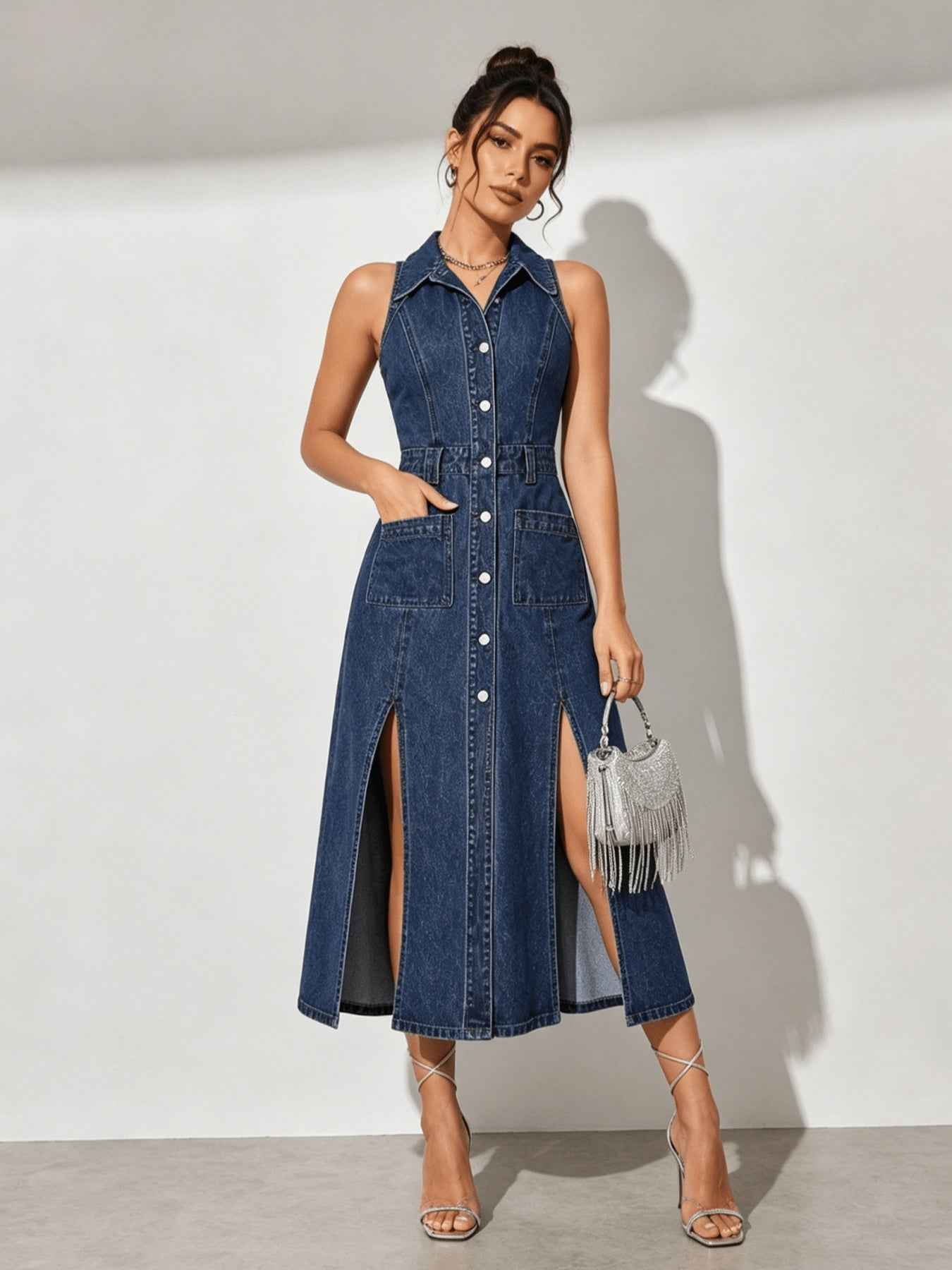 New Women's Retro-Style Washed Blue Collared Sleeveless Single-Breasted Denim Dress With Slits And Pockets, Summer Outfits For Women