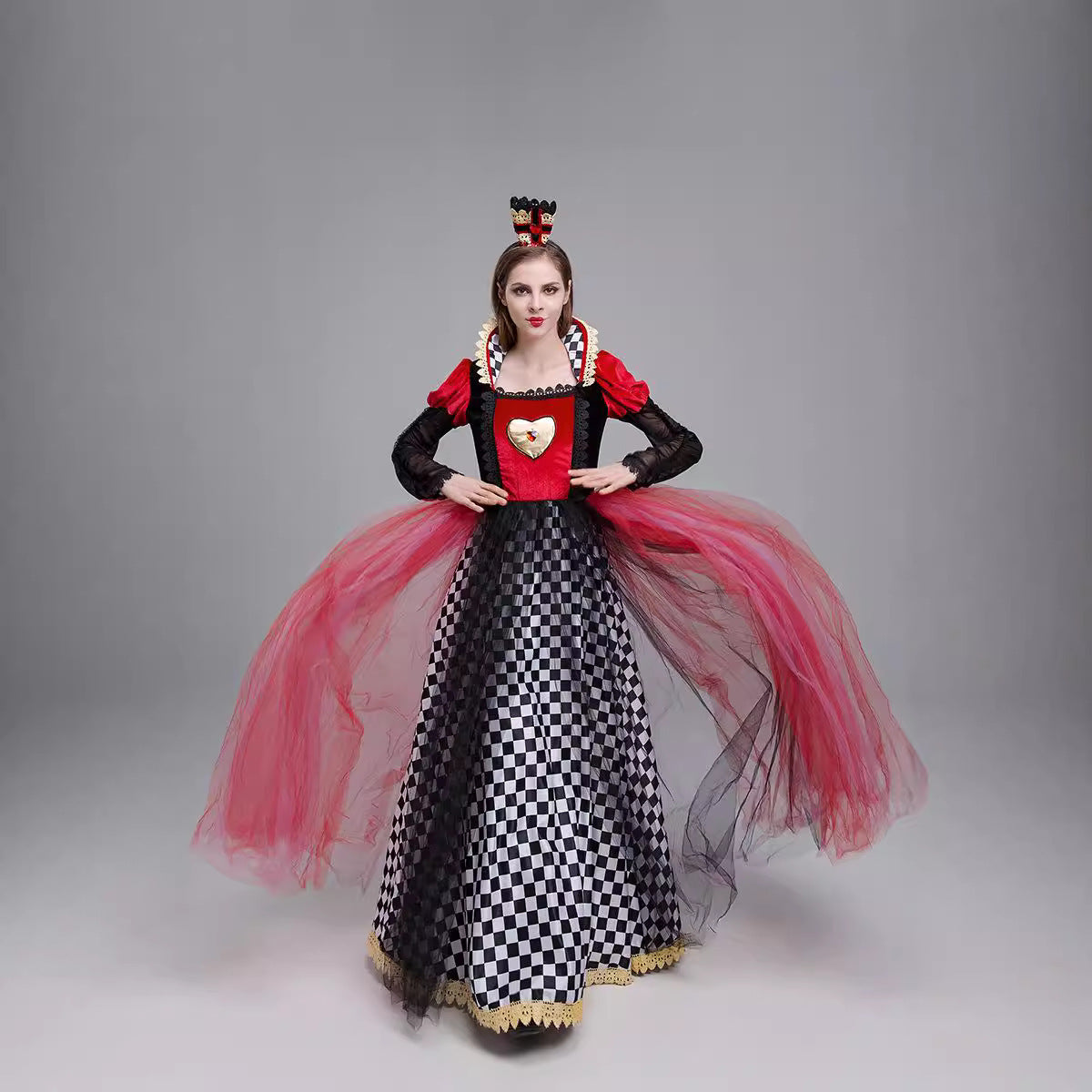 Queen of Hearts costume dress front, red heart bodice, black checker skirt, full red tulle
