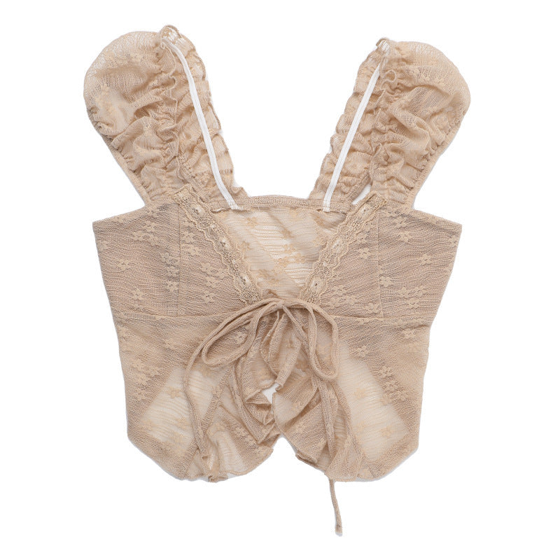 Khaki lace crop top with V-neck and adjustable front tie, seen flat on mannequin