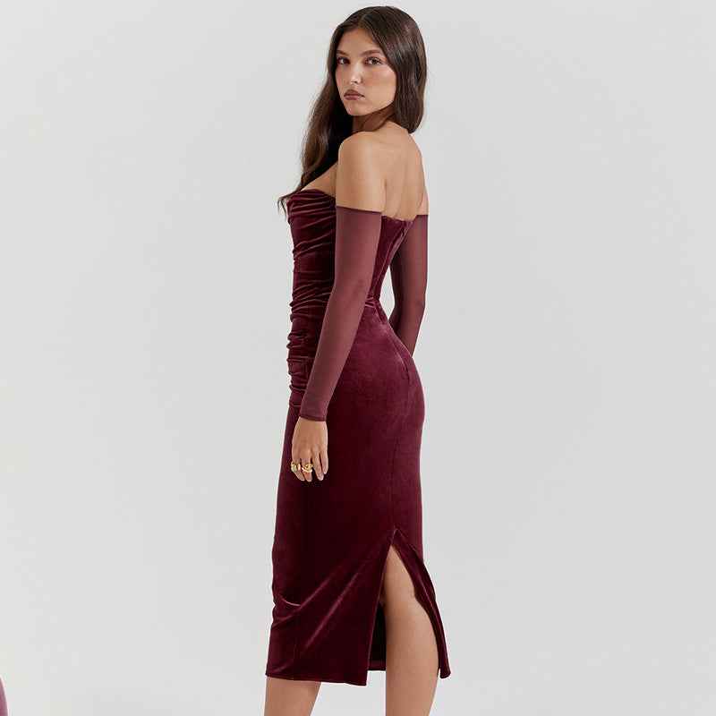 Burgundy Velvet Midi Dress - Off Shoulder Ruched Mesh Sleeve
