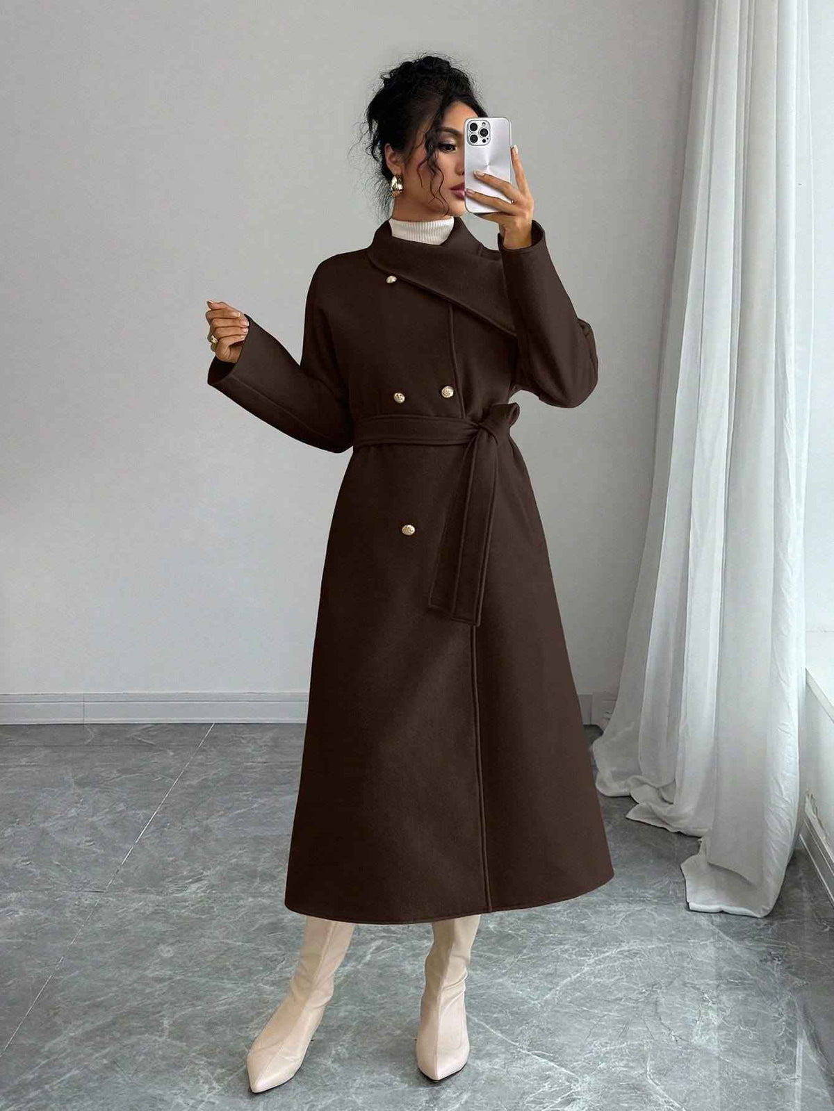 Double-Breasted Long Coat - Waist Tie & Wide Lapels