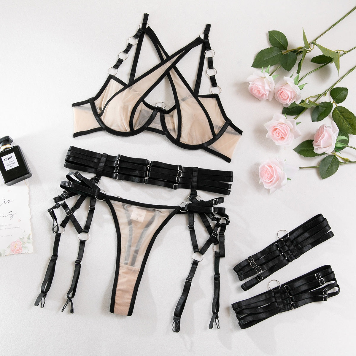 Mesh Garter Lingerie Set - Cross Straps And Ring Details