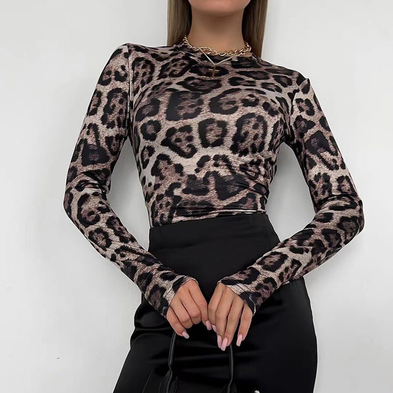 Leopard Print Mesh Top - Long Sleeve Sheer Fitted Bodysuit