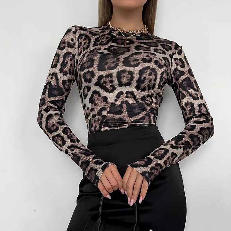 Leopard Print Mesh Top - Long Sleeve Sheer Fitted Bodysuit