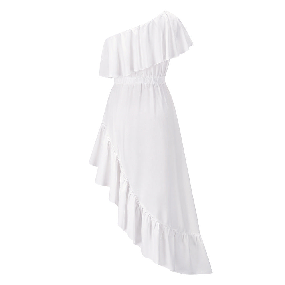 Sloping Shoulder Ruffle Prom Dress - Romantic Maxi Gown