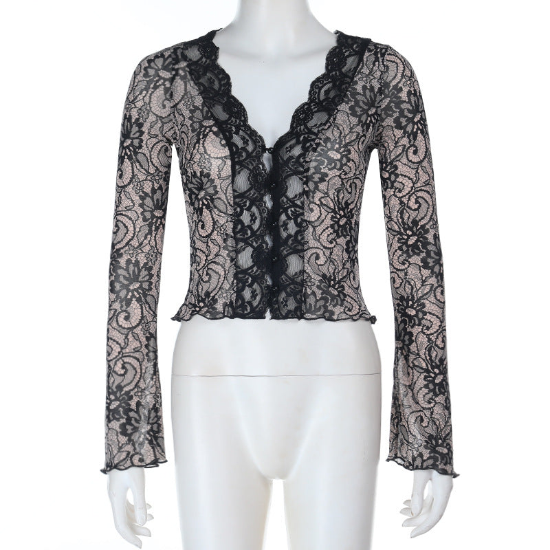 Black Lace Top - Deep V Long Sleeve Slim Fit - Fashions Envy