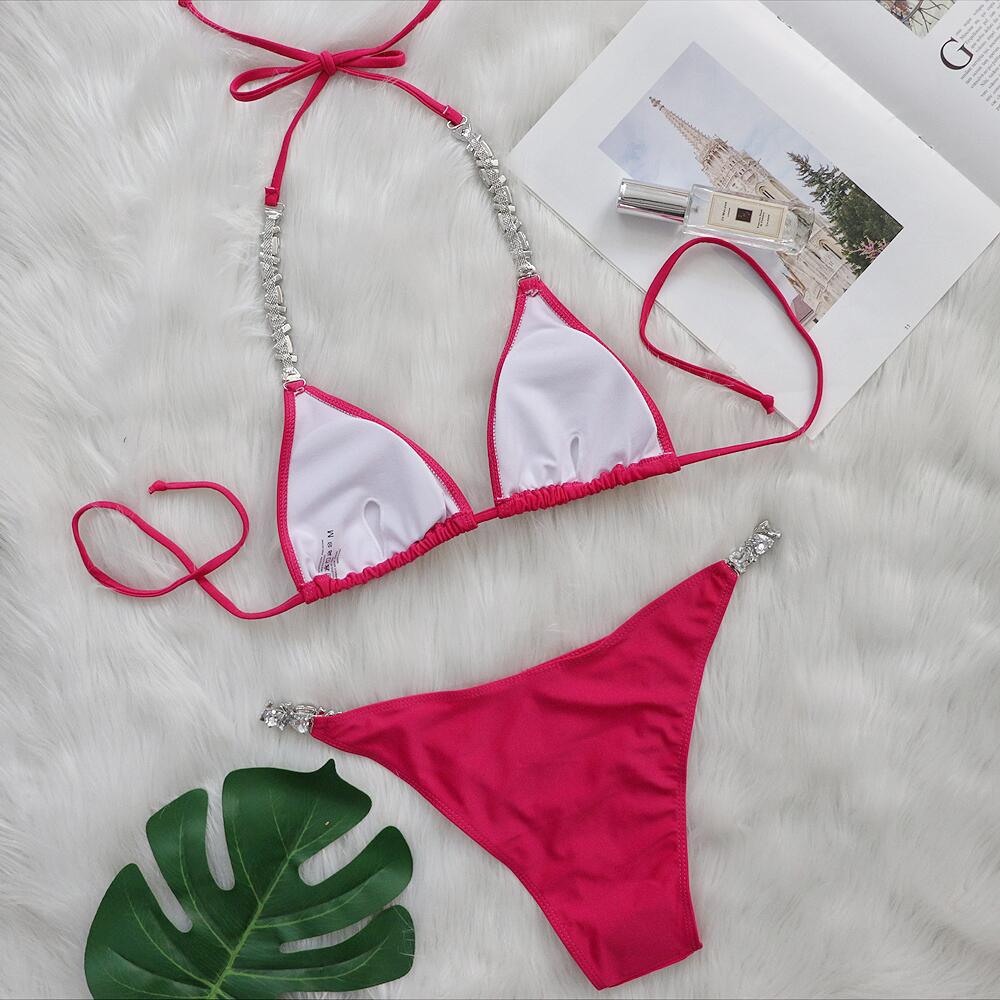 Hot pink triangle bikini set with rhinestone trim and tie string bottoms