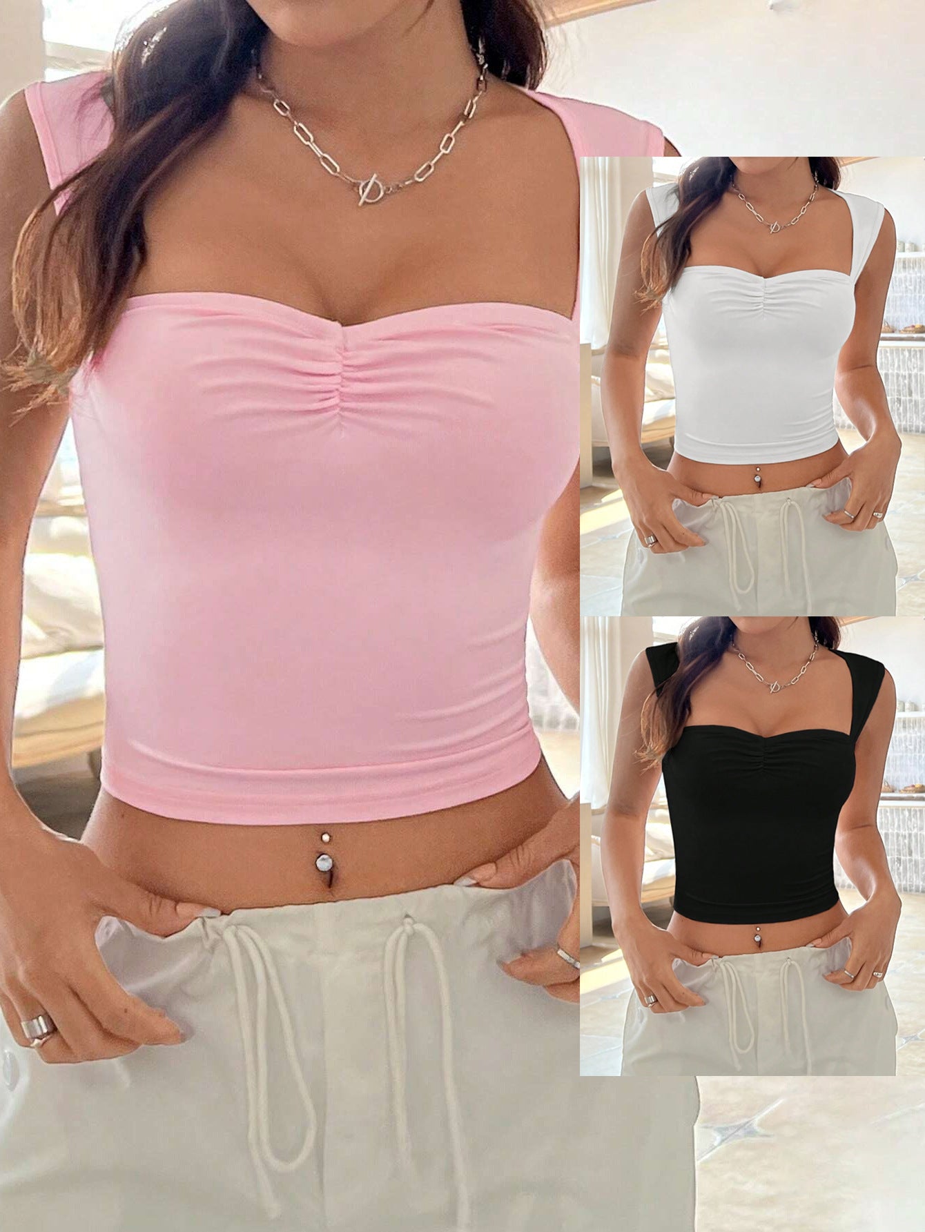 Ruched Tank Top - Casual Sleeveless U-Neck